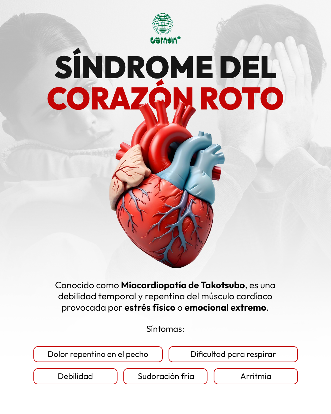 nfografía sobre el Síndrome del Corazón Roto (Takotsubo) detallando síntomas como dolor de pecho y arritmia